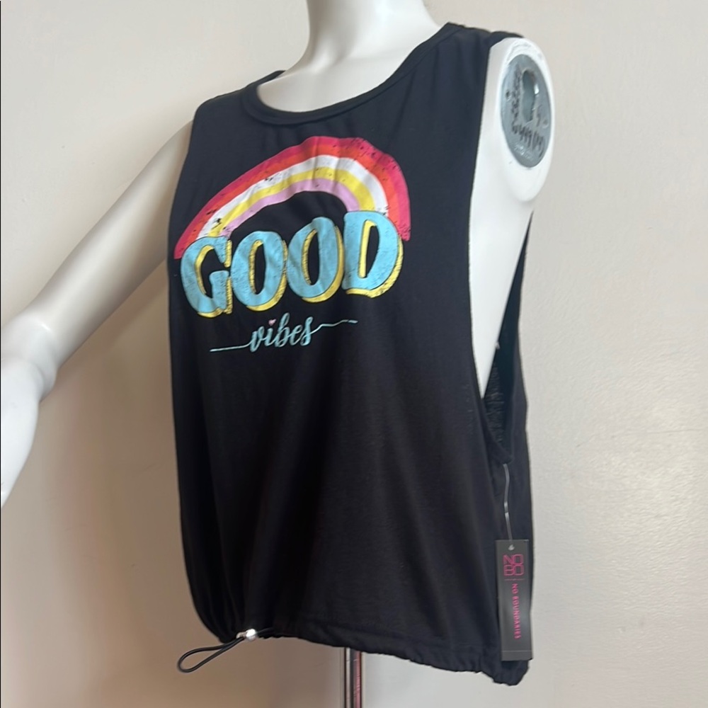 No Boundaries Black Muscle Tee with Rainbow Graphic can be cropped